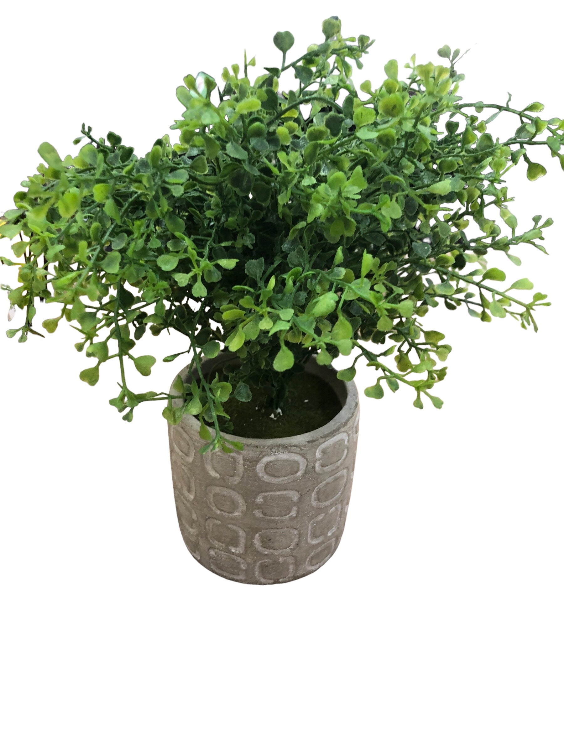 Faux plant in grey clay pot