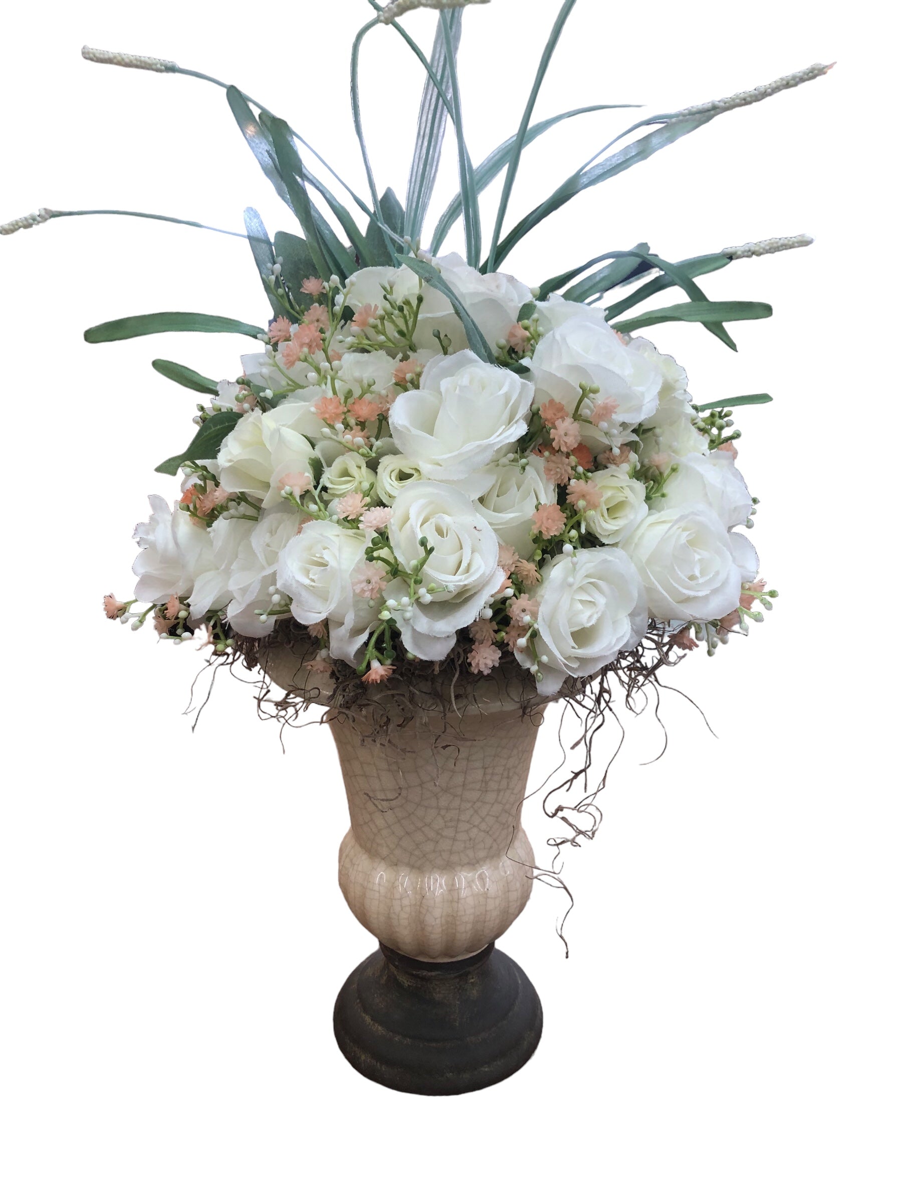 Lg. Brown vase w/White roses