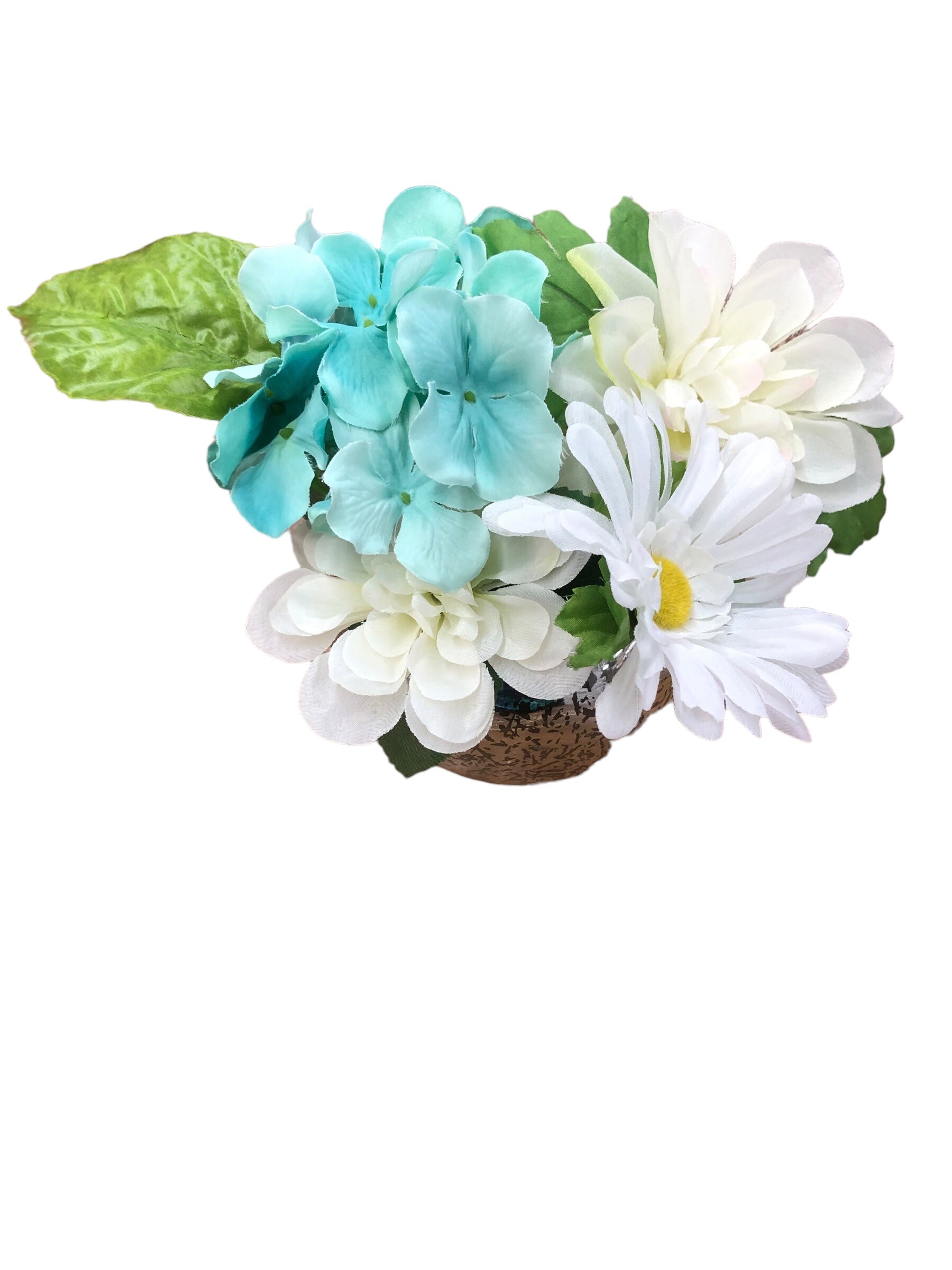 Silver Crackle Vase with White/aqua Flowers