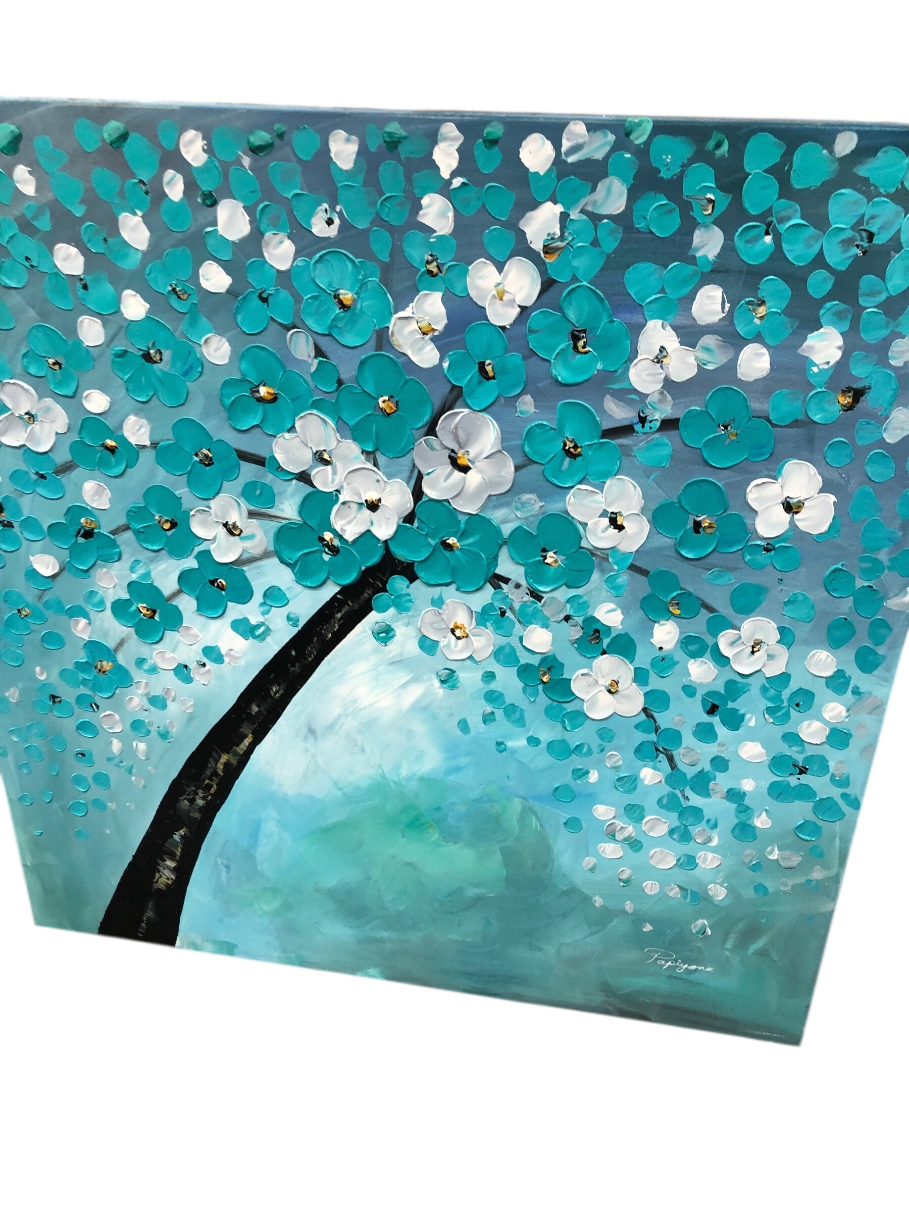 Teal and White Flowers on Tree Branch Canvas