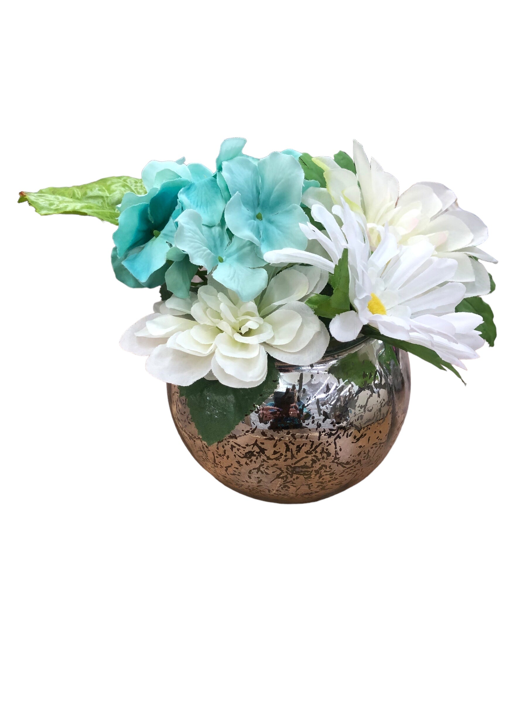 Silver Crackle Vase with White/aqua Flowers