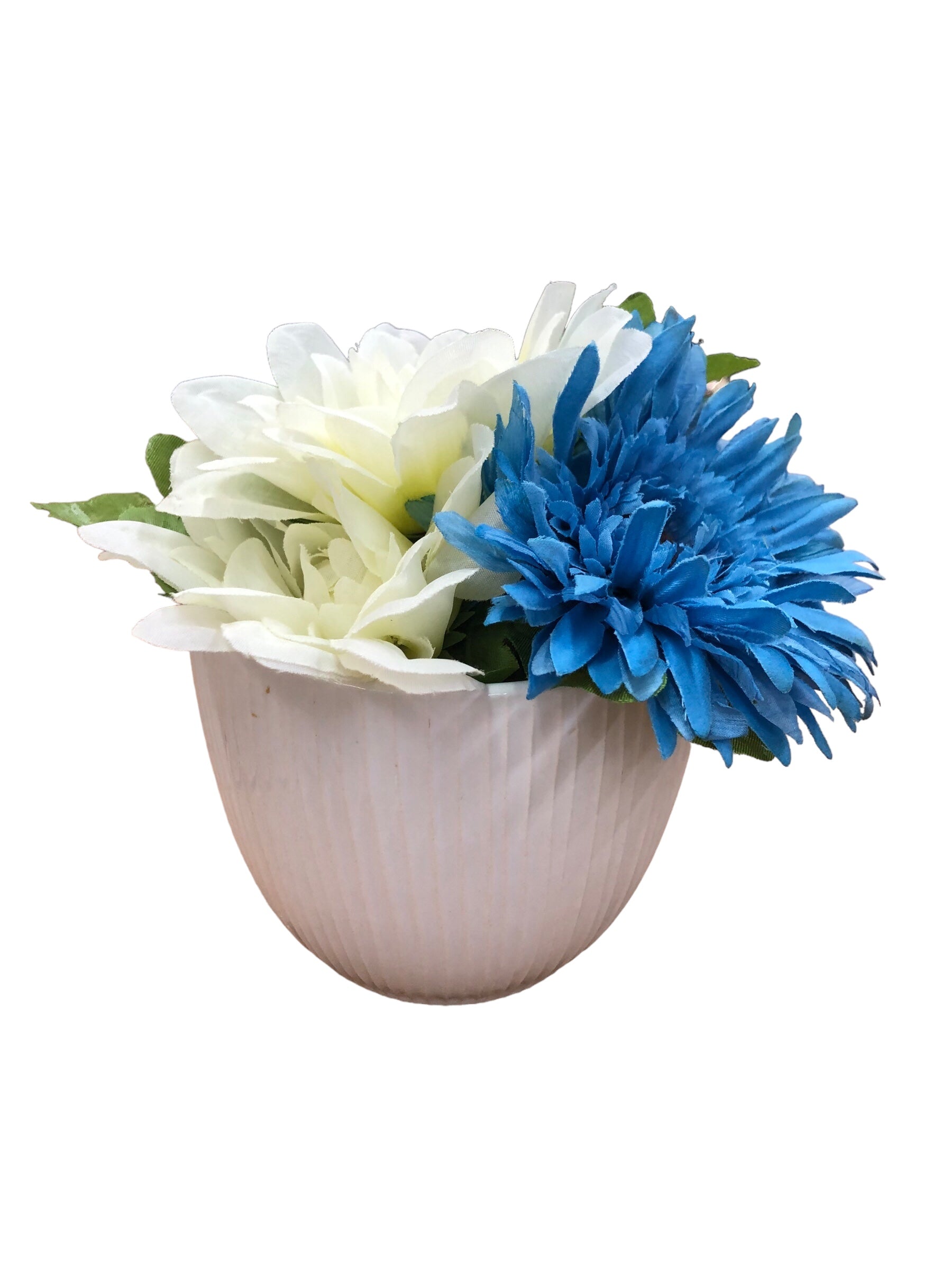 White Vase with Off White/Blue Flowers