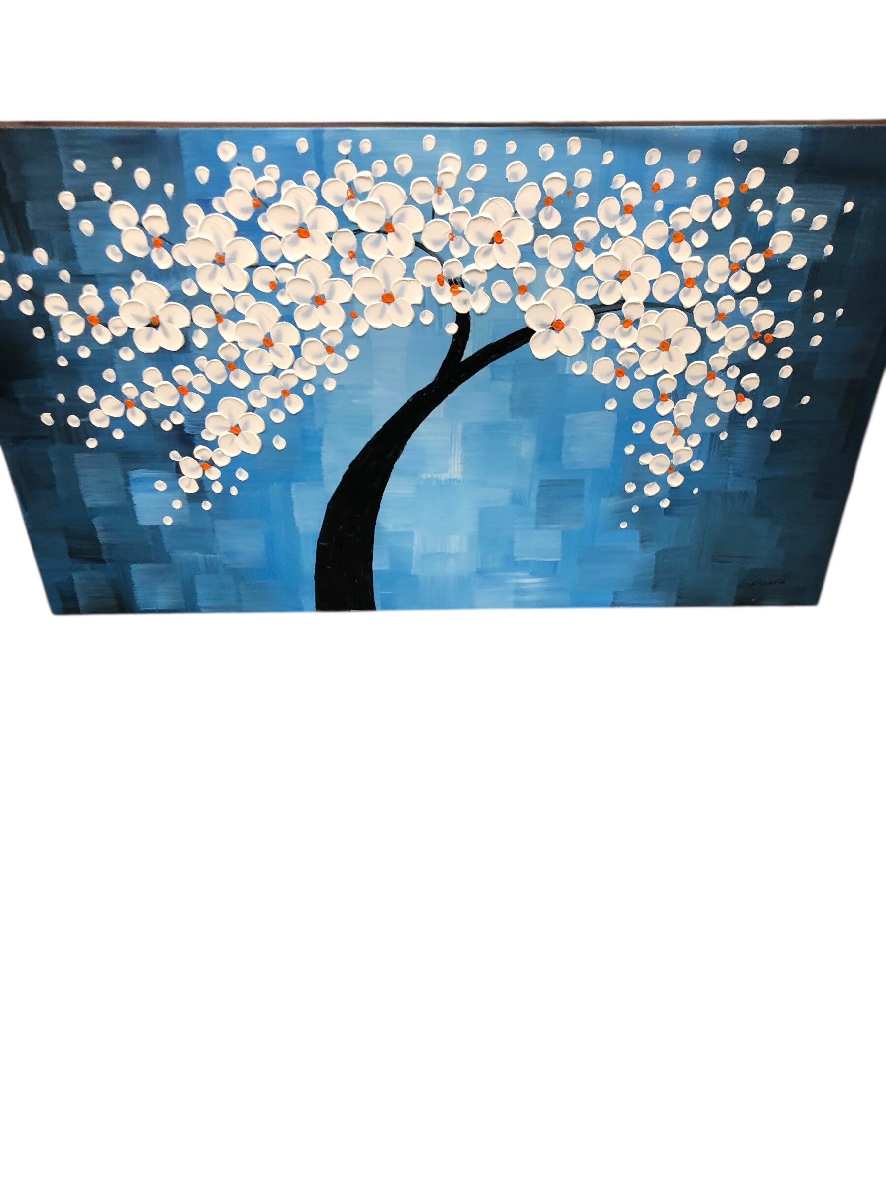 White Flowers on Tree / Blue Background Canvas