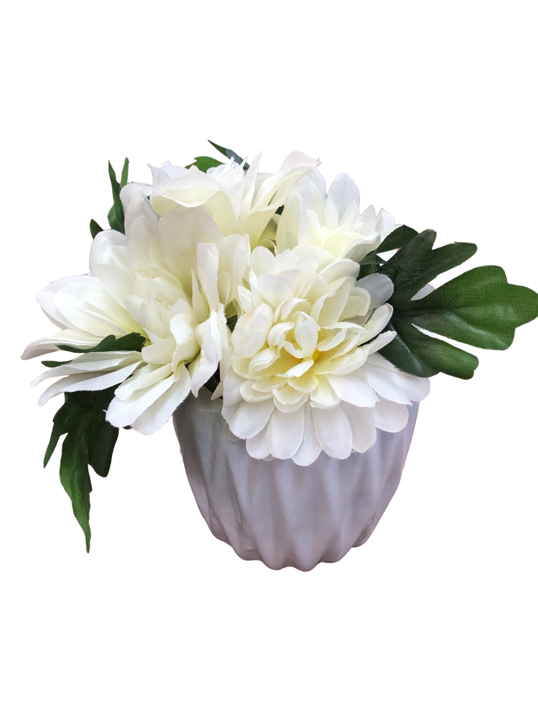 White Vase with off White Flowers/leafs