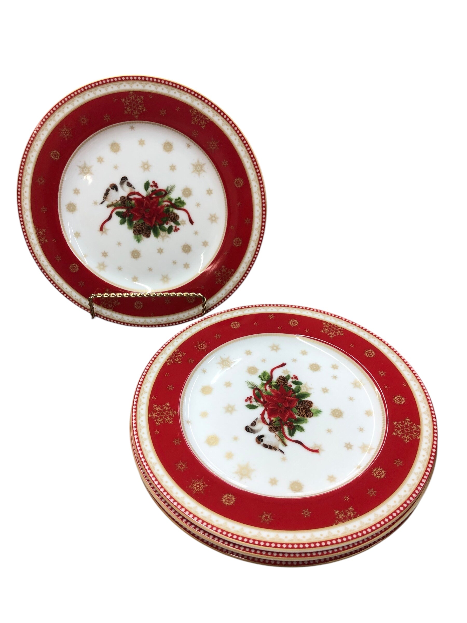 Porcelain Poinsettia/Bird plate set