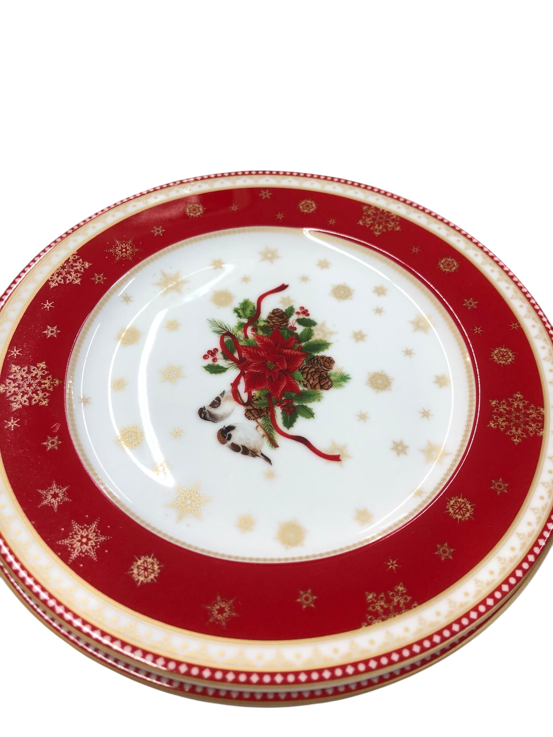 Porcelain Poinsettia/Bird plate set