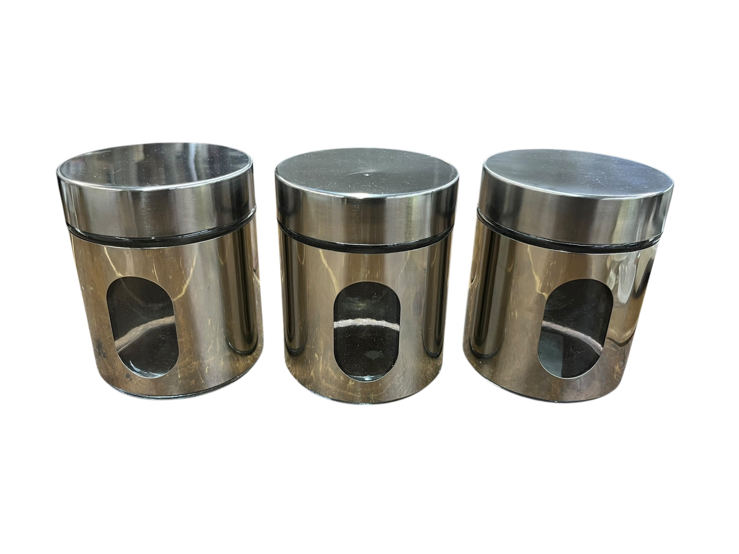 3 Stainless Steel Cannisters/window