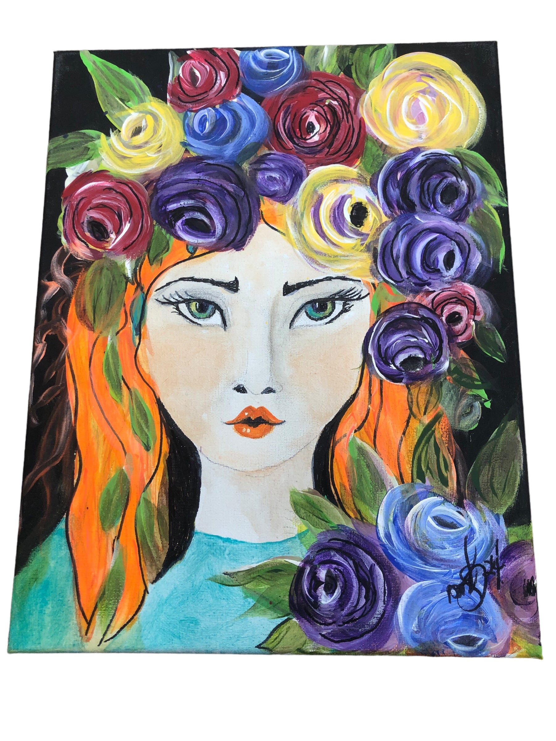 Woman with Purple Flowers Painting