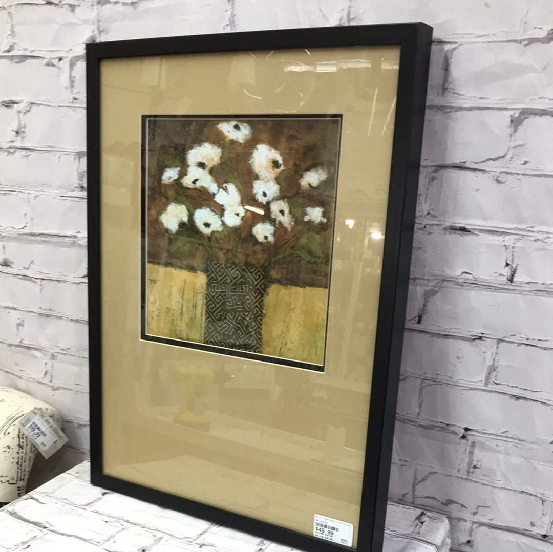 White flowers double matted framed