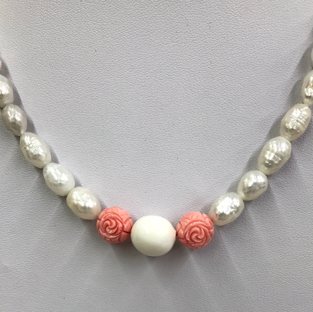 20" FW Pearls w/coral and CZ clasp