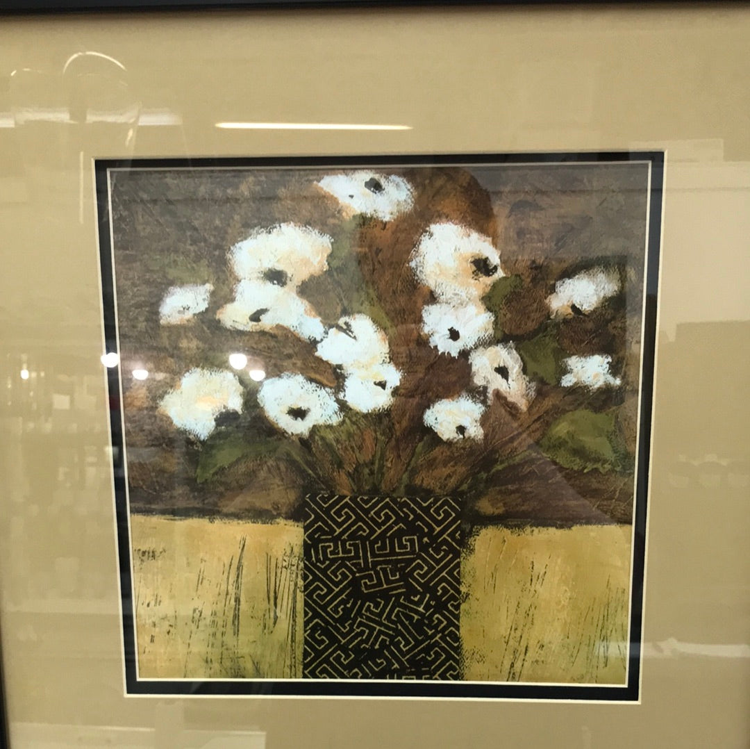 White flowers double matted framed